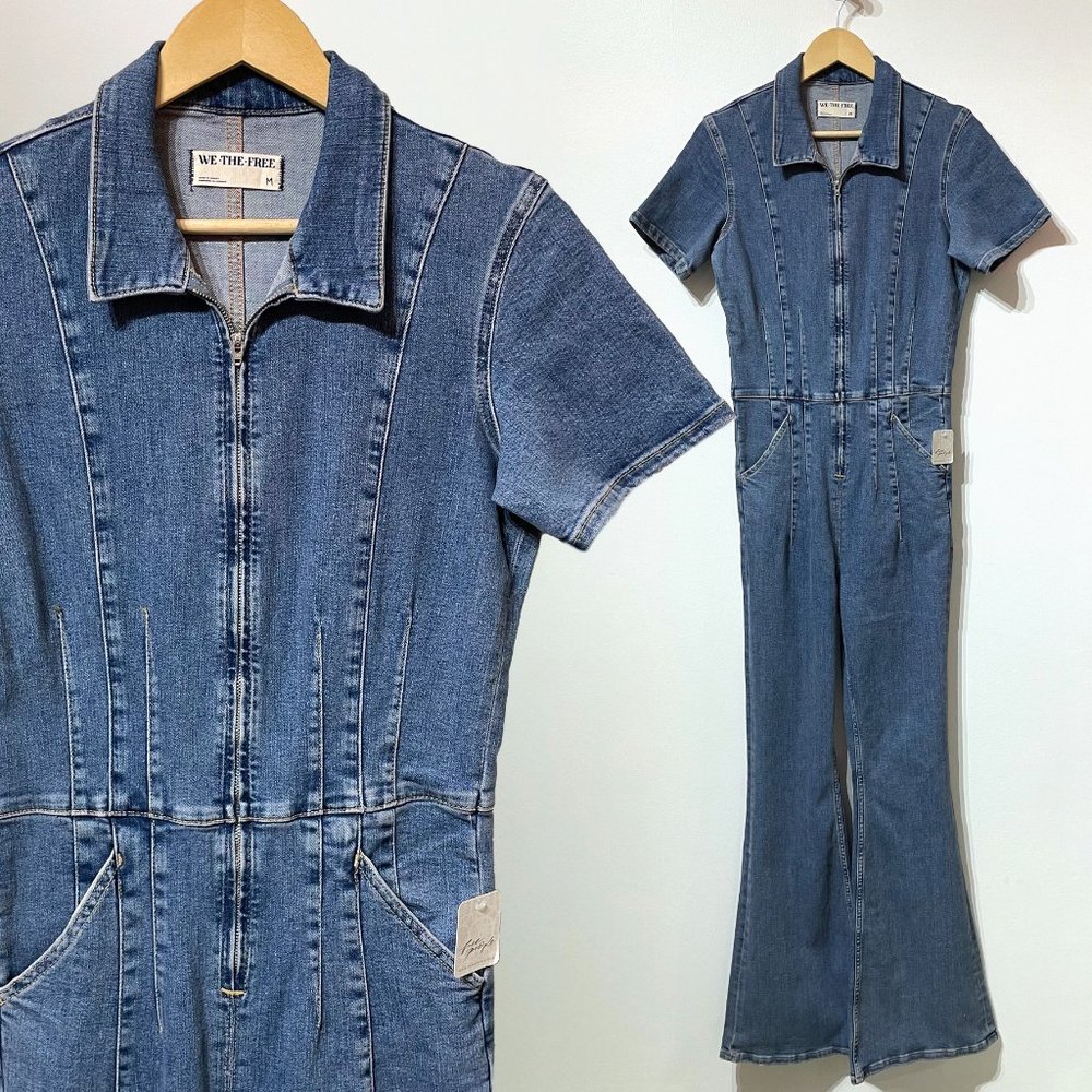 Free People JAYDE JUMPSUIT Flare Stretch Denim Jeans Overalls Coveralls